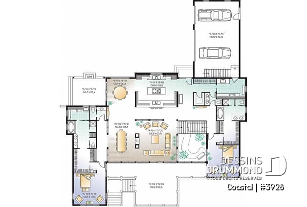 Rez-de-chaussée - Plan de chalet luxueux, piscine & spa intérieur, 3 à 7 chambres, garage triple, cinéma maison,  grande cuisine - Coastal