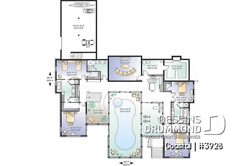 Sous-sol - Plan de chalet luxueux, piscine & spa intérieur, 3 à 7 chambres, garage triple, cinéma maison,  grande cuisine - Coastal