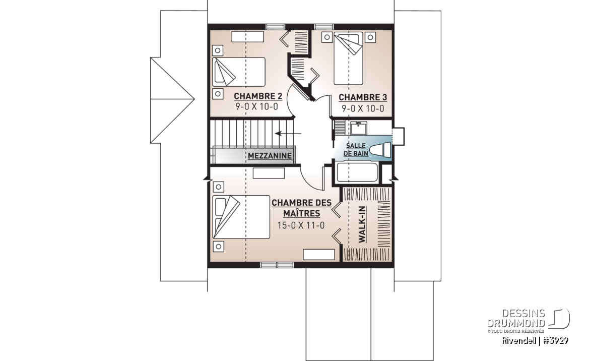Étage - Plan de petit chalet (ski), rangement ski à l'entrée, 3 chambres, abri moustiquaire, îlot, 2 salles de bain - Rivendell