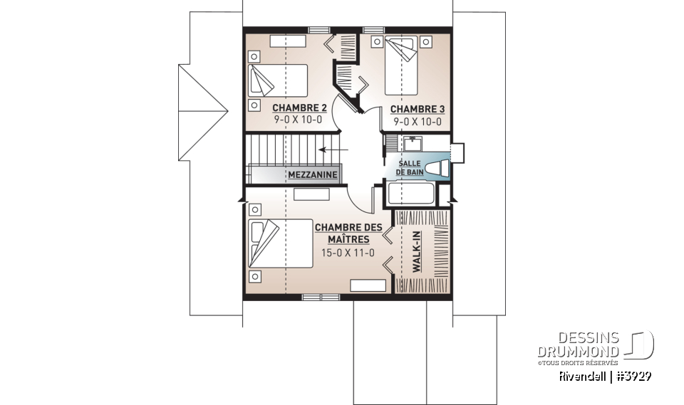 Étage - Plan de petit chalet (ski), rangement ski à l'entrée, 3 chambres, abri moustiquaire, îlot, 2 salles de bain - Rivendell