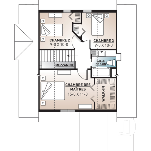 Étage - Plan de petit chalet (ski), rangement ski à l'entrée, 3 chambres, abri moustiquaire, îlot, 2 salles de bain - Rivendell