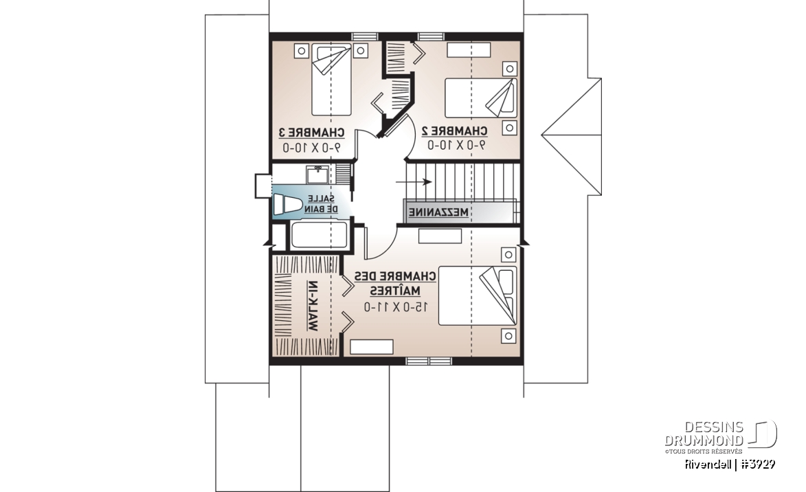 Étage - Plan de petit chalet (ski), rangement ski à l'entrée, 3 chambres, abri moustiquaire, îlot, 2 salles de bain - Rivendell