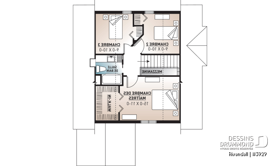 Étage - Plan de petit chalet (ski), rangement ski à l'entrée, 3 chambres, abri moustiquaire, îlot, 2 salles de bain - Rivendell