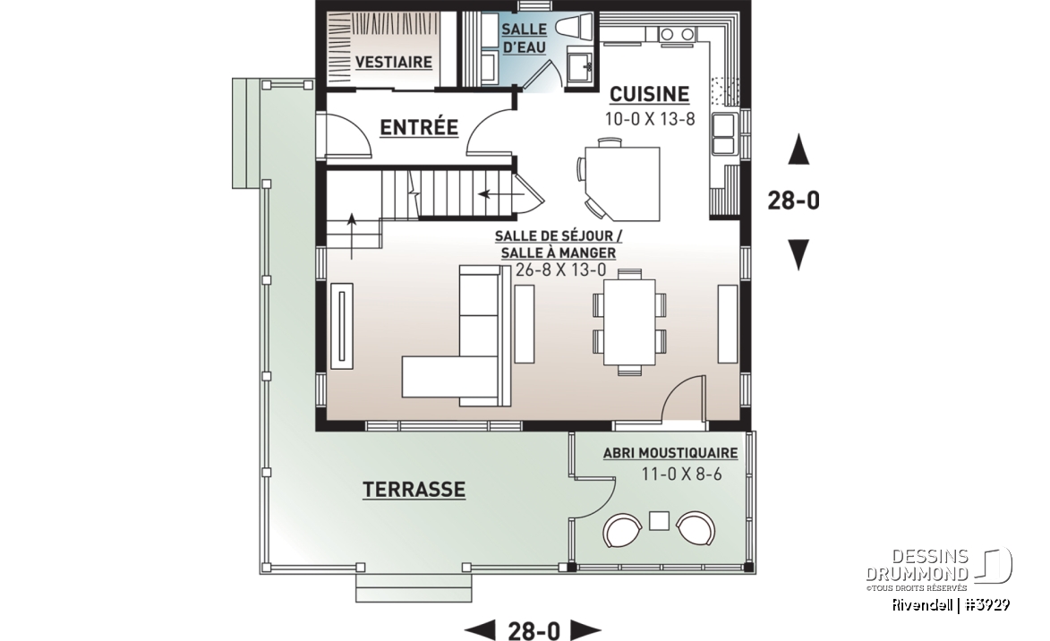 Rez-de-chaussée - Plan de petit chalet (ski), rangement ski à l'entrée, 3 chambres, abri moustiquaire, îlot, 2 salles de bain - Rivendell