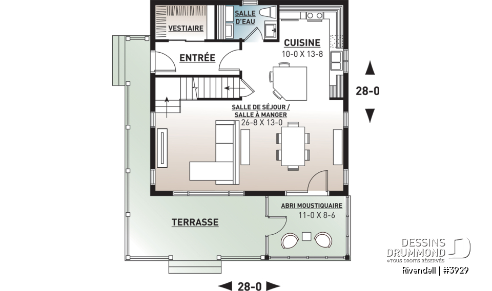 Rez-de-chaussée - Plan de petit chalet (ski), rangement ski à l'entrée, 3 chambres, abri moustiquaire, îlot, 2 salles de bain - Rivendell