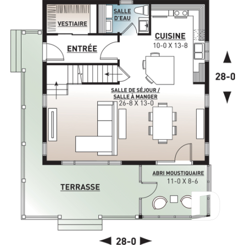 Rez-de-chaussée - Plan de petit chalet (ski), rangement ski à l'entrée, 3 chambres, abri moustiquaire, îlot, 2 salles de bain - Rivendell