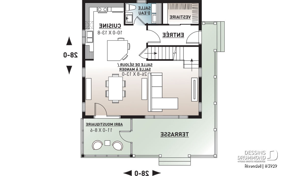 Rez-de-chaussée - Plan de petit chalet (ski), rangement ski à l'entrée, 3 chambres, abri moustiquaire, îlot, 2 salles de bain - Rivendell