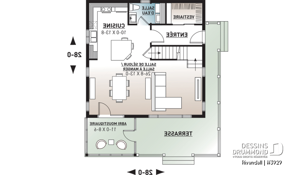 Rez-de-chaussée - Plan de petit chalet (ski), rangement ski à l'entrée, 3 chambres, abri moustiquaire, îlot, 2 salles de bain - Rivendell