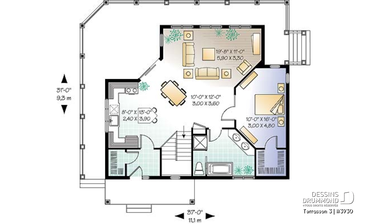 Rez-de-chaussée - Plan de maison genre chalet avec grande terrasse couverte, 3 chambres, plafond 9', grand salon,  - Terrasson 3