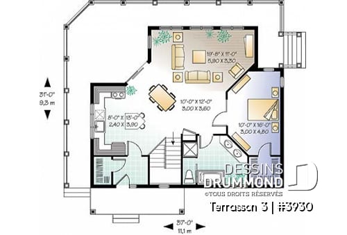 Rez-de-chaussée - Plan de maison genre chalet avec grande terrasse couverte, 3 chambres, plafond 9', grand salon,  - Terrasson 3