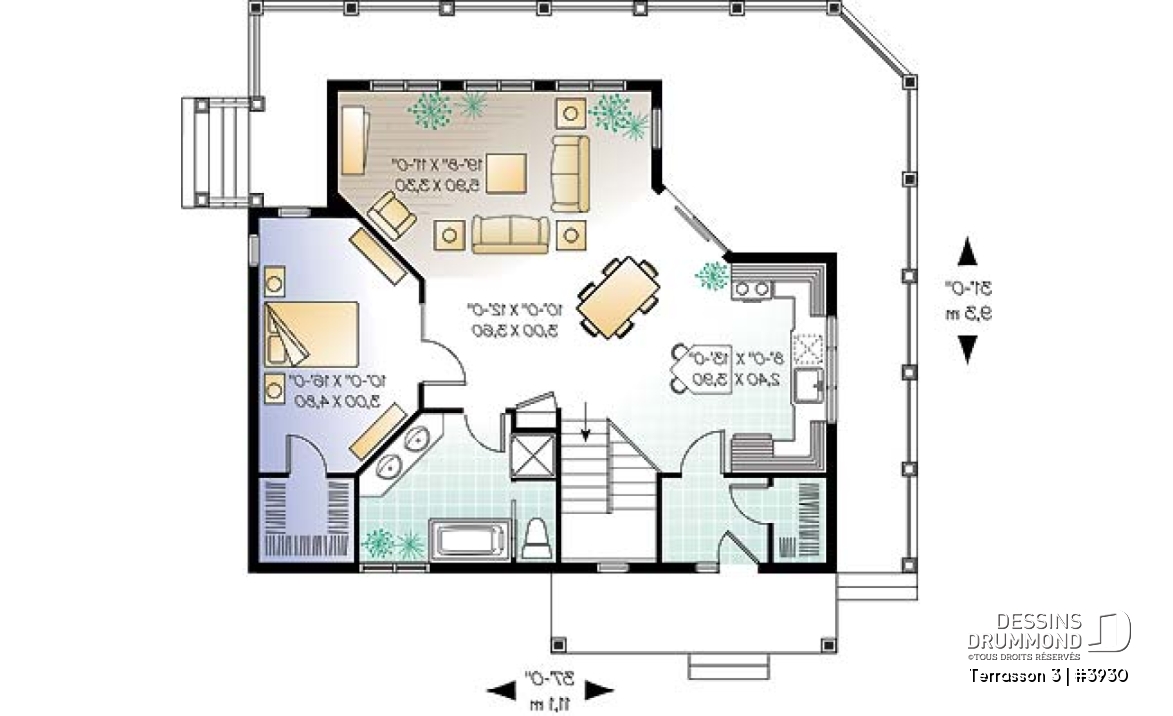 Rez-de-chaussée - Plan de maison genre chalet avec grande terrasse couverte, 3 chambres, plafond 9', grand salon,  - Terrasson 3