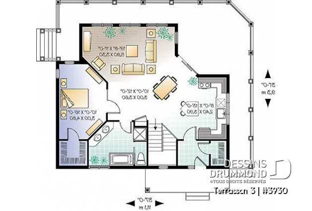 Rez-de-chaussée - Plan de maison genre chalet avec grande terrasse couverte, 3 chambres, plafond 9', grand salon,  - Terrasson 3