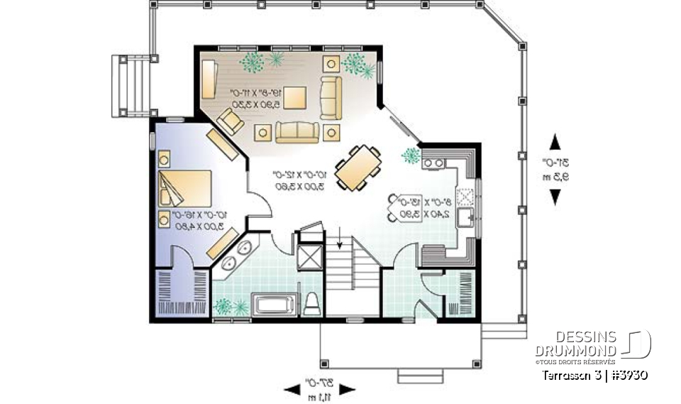 Rez-de-chaussée - Plan de maison genre chalet avec grande terrasse couverte, 3 chambres, plafond 9', grand salon,  - Terrasson 3