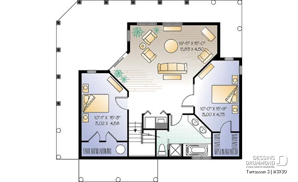 Sous-sol - Plan de maison genre chalet avec grande terrasse couverte, 3 chambres, plafond 9', grand salon,  - Terrasson 3