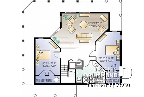 Sous-sol - Plan de maison genre chalet avec grande terrasse couverte, 3 chambres, plafond 9', grand salon,  - Terrasson 3