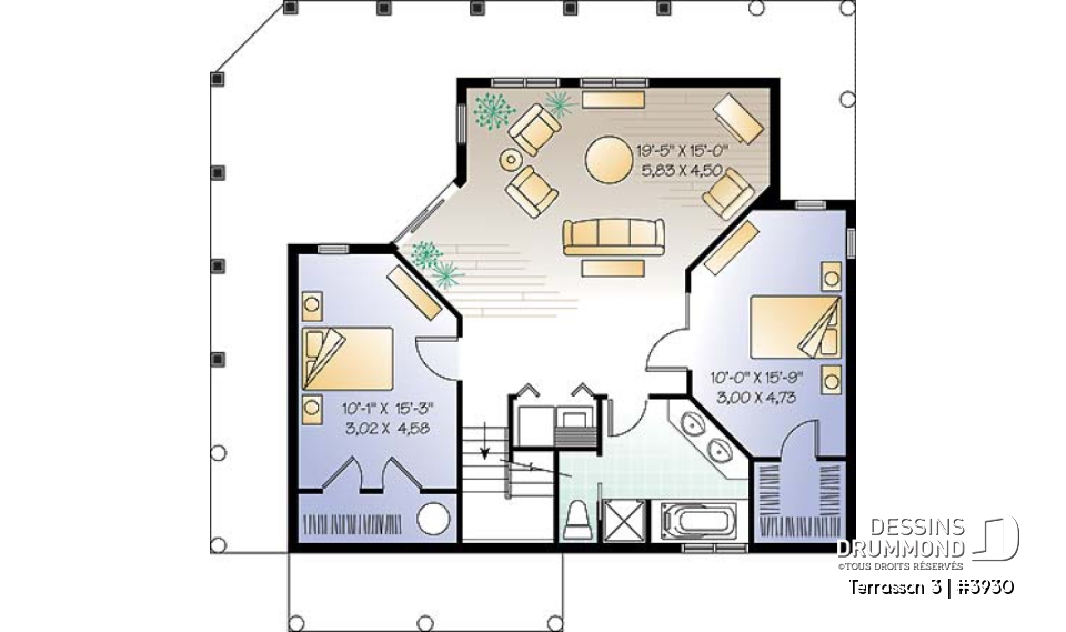 Sous-sol - Plan de maison genre chalet avec grande terrasse couverte, 3 chambres, plafond 9', grand salon,  - Terrasson 3