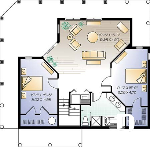 Sous-sol - Plan de maison genre chalet avec grande terrasse couverte, 3 chambres, plafond 9', grand salon,  - Terrasson 3
