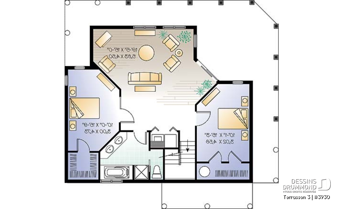 Sous-sol - Plan de maison genre chalet avec grande terrasse couverte, 3 chambres, plafond 9', grand salon,  - Terrasson 3
