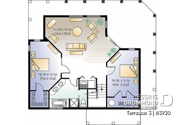 Sous-sol - Plan de maison genre chalet avec grande terrasse couverte, 3 chambres, plafond 9', grand salon,  - Terrasson 3
