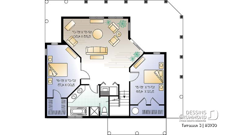 Sous-sol - Plan de maison genre chalet avec grande terrasse couverte, 3 chambres, plafond 9', grand salon,  - Terrasson 3