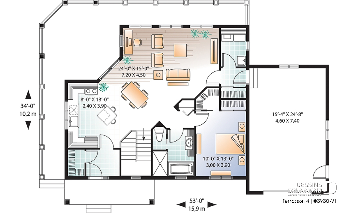 Rez-de-chaussée - Plan de chalet avec grande terrasse, 2 garages, 2 salons, 3 chambres, chambre des maîtres au r-d-c - Terrasson 4