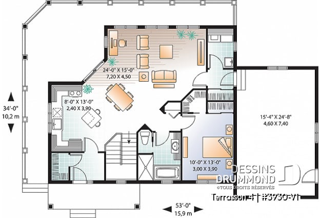 Rez-de-chaussée - Plan de chalet avec grande terrasse, 2 garages, 2 salons, 3 chambres, chambre des maîtres au r-d-c - Terrasson 4