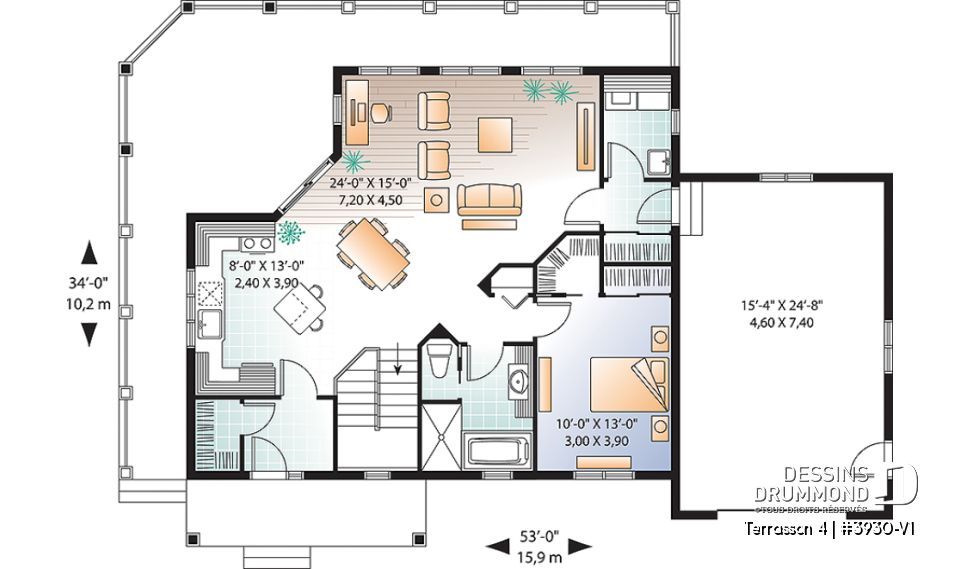 Rez-de-chaussée - Plan de chalet avec grande terrasse, 2 garages, 2 salons, 3 chambres, chambre des maîtres au r-d-c - Terrasson 4