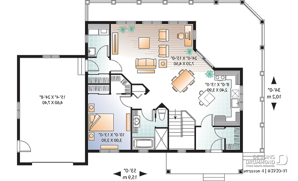 Rez-de-chaussée - Plan de chalet avec grande terrasse, 2 garages, 2 salons, 3 chambres, chambre des maîtres au r-d-c - Terrasson 4