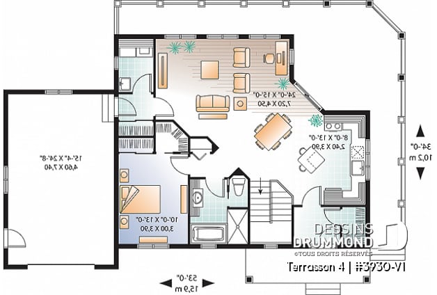 Rez-de-chaussée - Plan de chalet avec grande terrasse, 2 garages, 2 salons, 3 chambres, chambre des maîtres au r-d-c - Terrasson 4