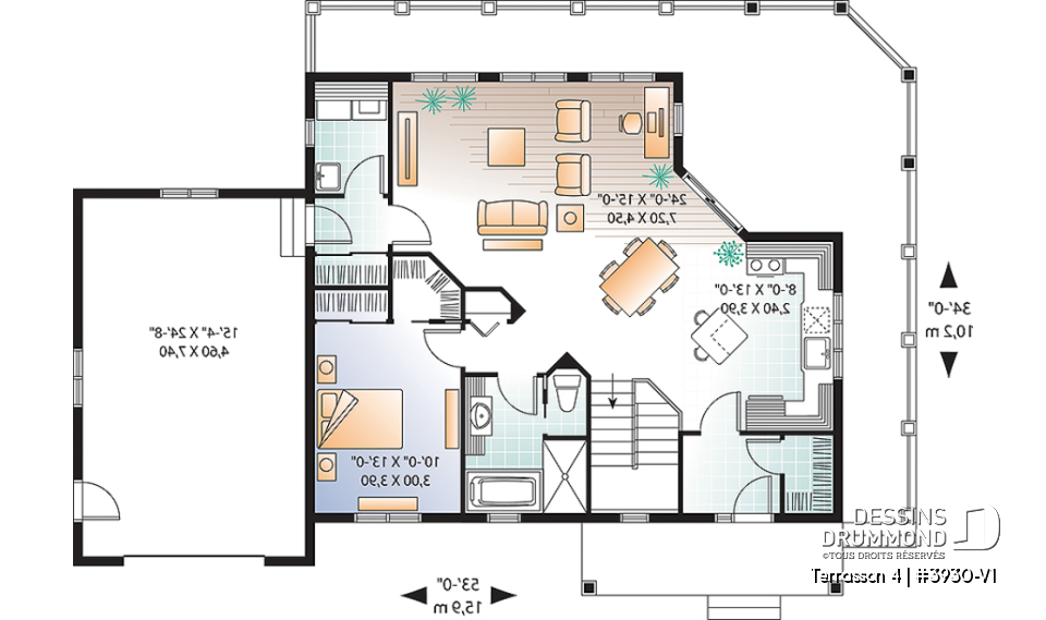 Rez-de-chaussée - Plan de chalet avec grande terrasse, 2 garages, 2 salons, 3 chambres, chambre des maîtres au r-d-c - Terrasson 4