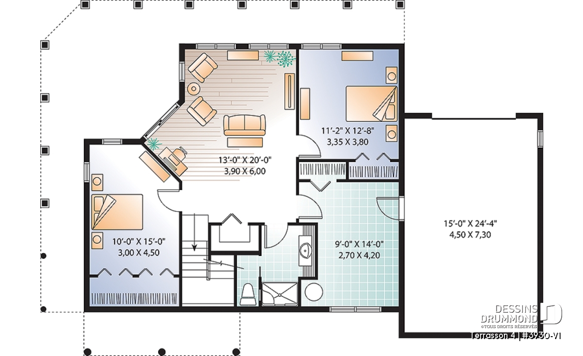 Sous-sol - Plan de chalet avec grande terrasse, 2 garages, 2 salons, 3 chambres, chambre des maîtres au r-d-c - Terrasson 4