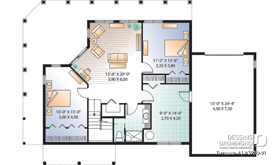 Sous-sol - Plan de chalet avec grande terrasse, 2 garages, 2 salons, 3 chambres, chambre des maîtres au r-d-c - Terrasson 4