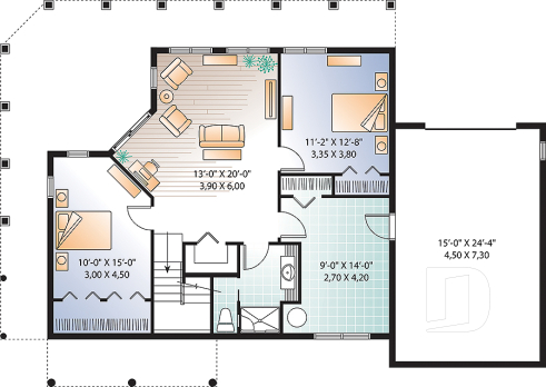 Sous-sol - Plan de chalet avec grande terrasse, 2 garages, 2 salons, 3 chambres, chambre des maîtres au r-d-c - Terrasson 4