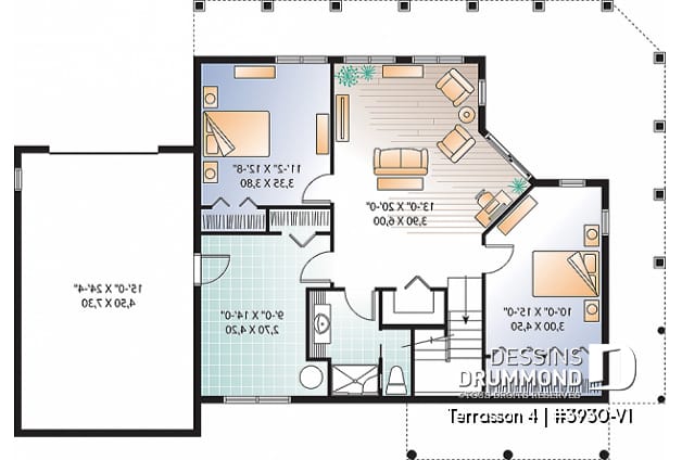 Sous-sol - Plan de chalet avec grande terrasse, 2 garages, 2 salons, 3 chambres, chambre des maîtres au r-d-c - Terrasson 4