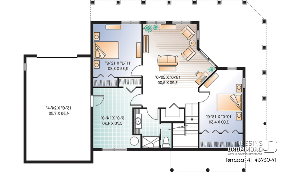 Sous-sol - Plan de chalet avec grande terrasse, 2 garages, 2 salons, 3 chambres, chambre des maîtres au r-d-c - Terrasson 4