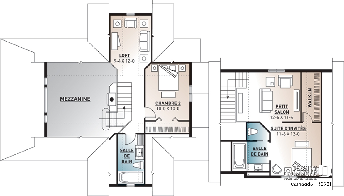 Étage - Plan de chalet, 3 chambres, 3.5 salles de bain, suite pour invités au-dessus du garage double - Carnéade