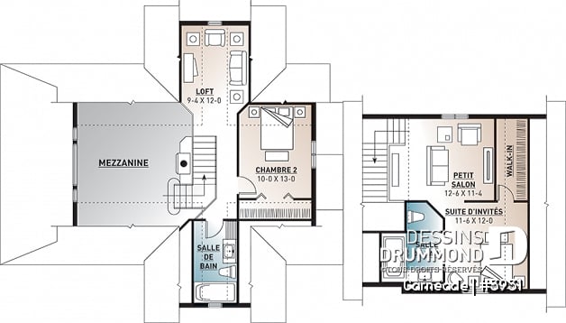 Étage - Plan de chalet, 3 chambres, 3.5 salles de bain, suite pour invités au-dessus du garage double - Carnéade