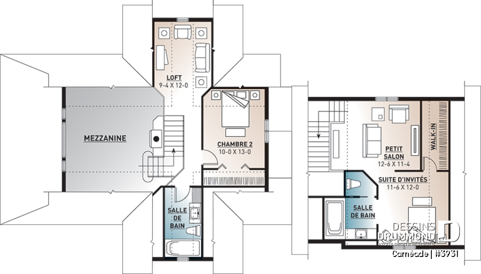 Étage - Plan de chalet, 3 chambres, 3.5 salles de bain, suite pour invités au-dessus du garage double - Carnéade