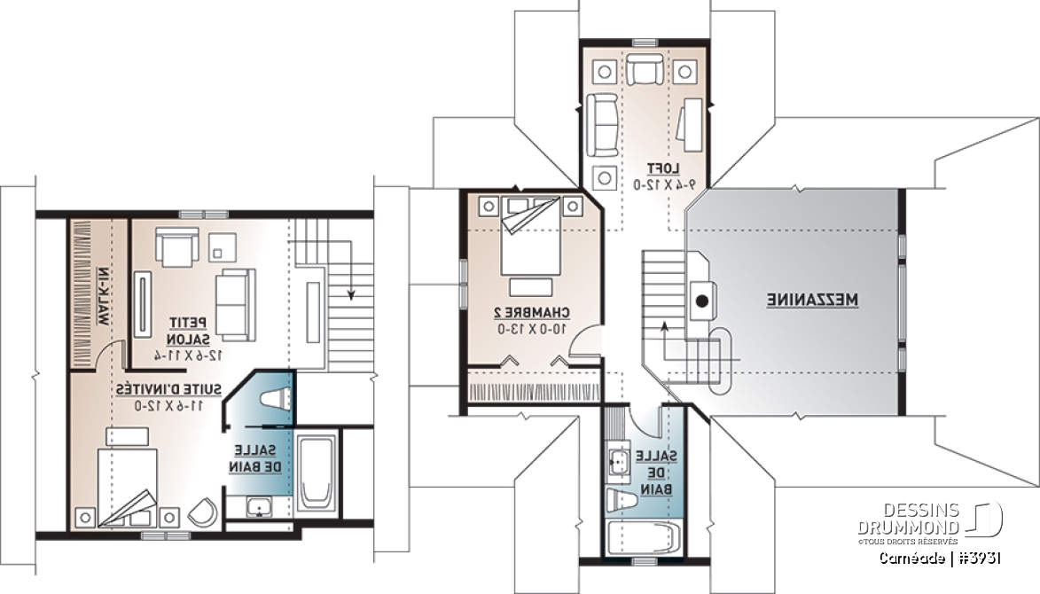 Étage - Plan de chalet, 3 chambres, 3.5 salles de bain, suite pour invités au-dessus du garage double - Carnéade