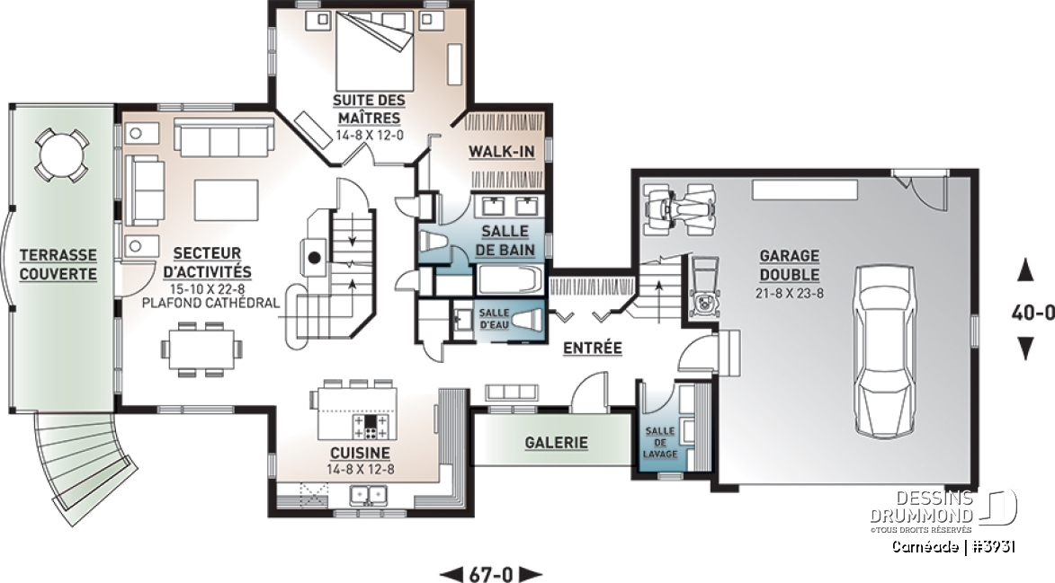 Rez-de-chaussée - Plan de chalet, 3 chambres, 3.5 salles de bain, suite pour invités au-dessus du garage double - Carnéade
