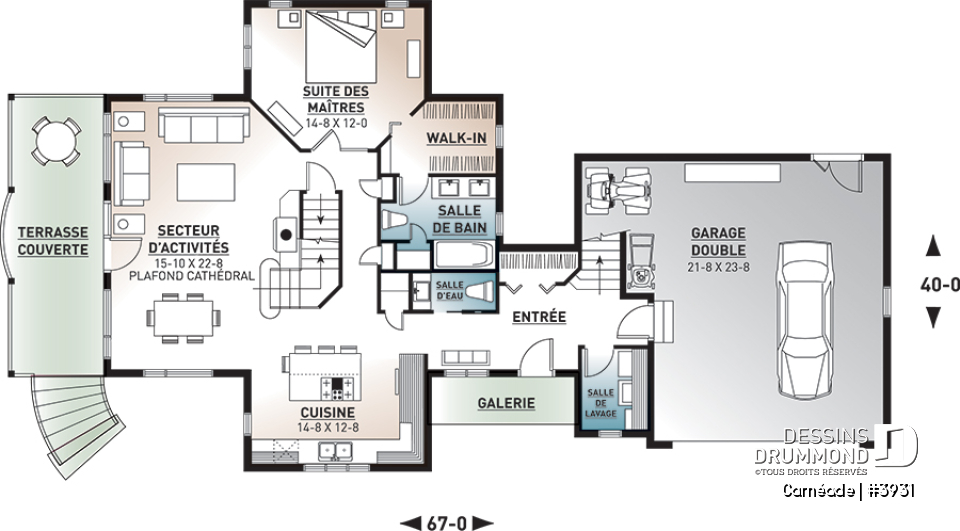 Rez-de-chaussée - Plan de chalet, 3 chambres, 3.5 salles de bain, suite pour invités au-dessus du garage double - Carnéade
