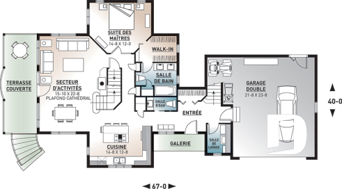 Rez-de-chaussée - Plan de chalet, 3 chambres, 3.5 salles de bain, suite pour invités au-dessus du garage double - Carnéade