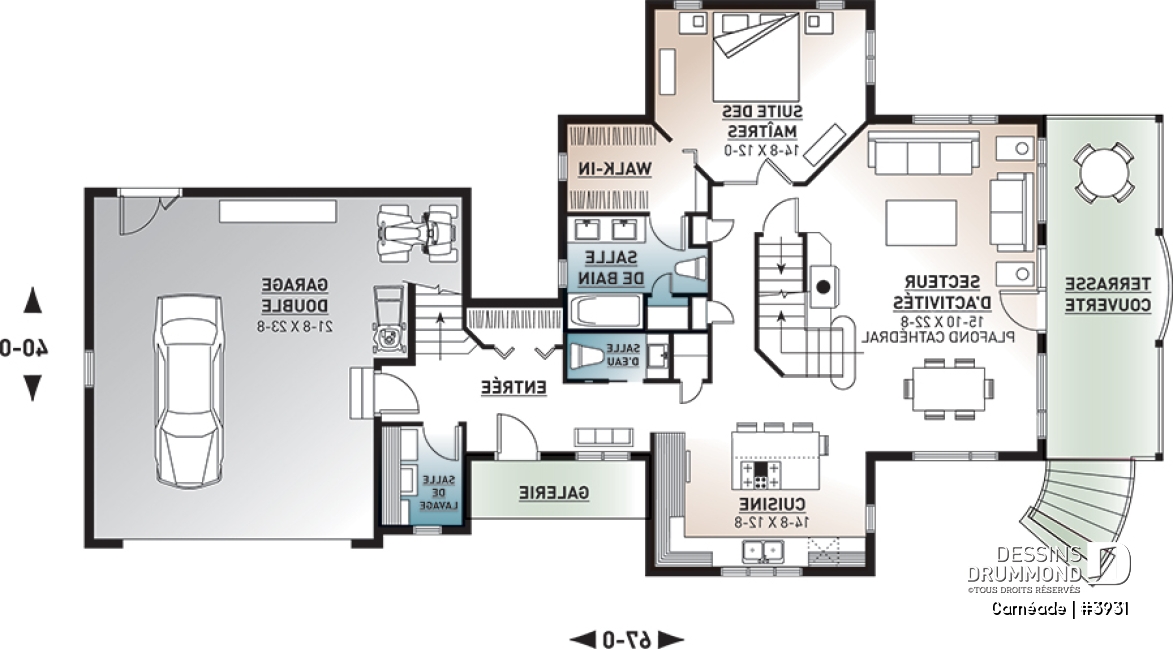 Rez-de-chaussée - Plan de chalet, 3 chambres, 3.5 salles de bain, suite pour invités au-dessus du garage double - Carnéade