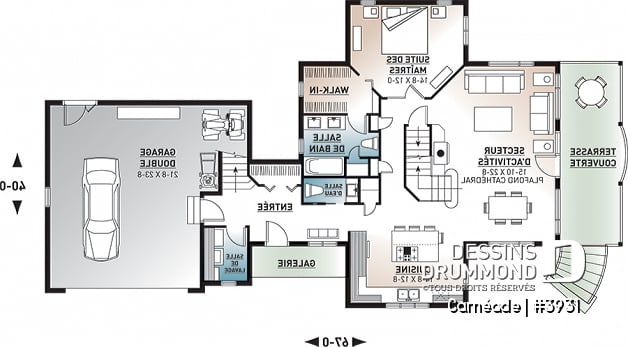 Rez-de-chaussée - Plan de chalet, 3 chambres, 3.5 salles de bain, suite pour invités au-dessus du garage double - Carnéade
