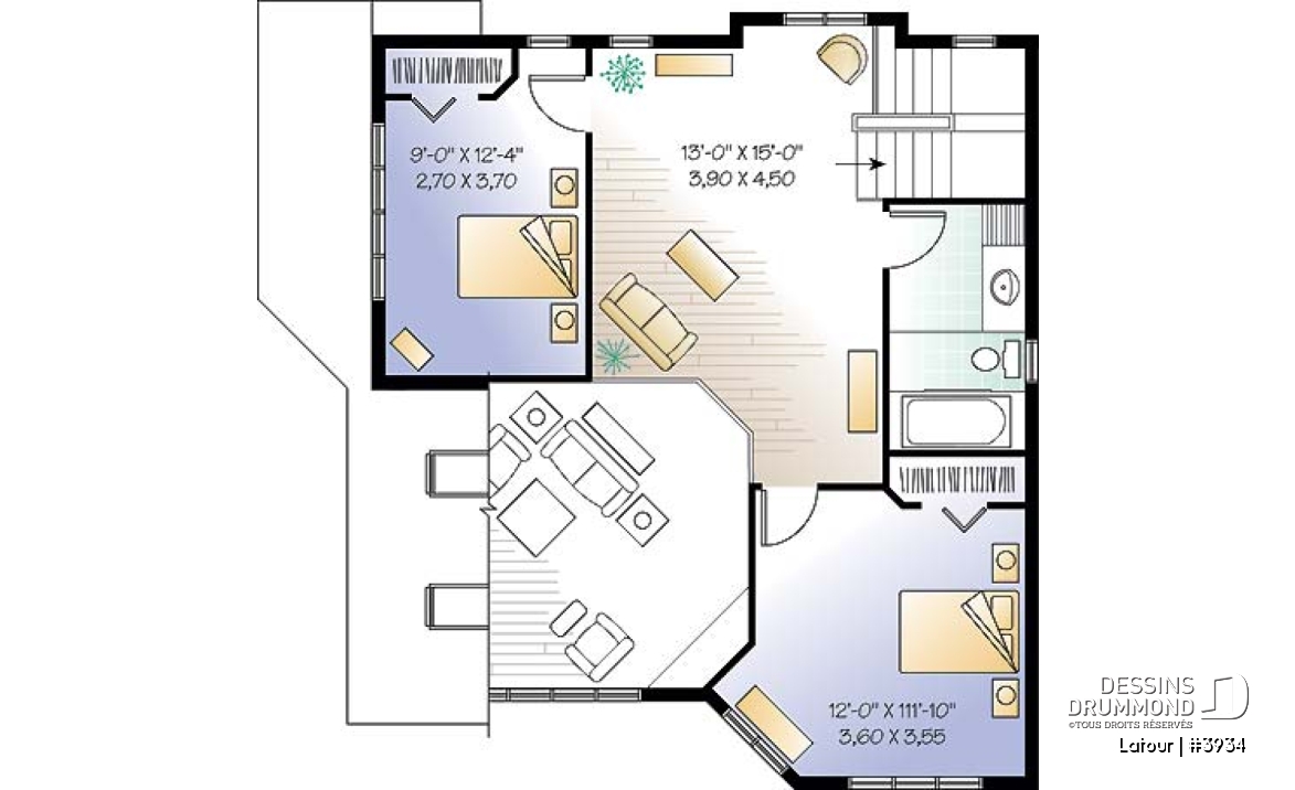 Étage - Plan de chalet bord de l'eau, 3 chambres, garage, grande terrasse, foyer, plancher aire ouverte - Latour