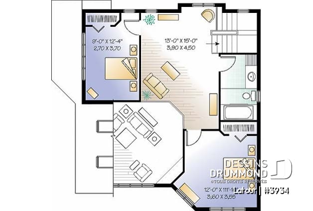 Étage - Plan de chalet bord de l'eau, 3 chambres, garage, grande terrasse, foyer, plancher aire ouverte - Latour