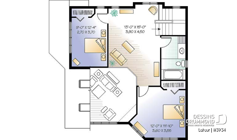 Étage - Plan de chalet bord de l'eau, 3 chambres, garage, grande terrasse, foyer, plancher aire ouverte - Latour