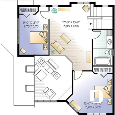 Étage - Plan de chalet bord de l'eau, 3 chambres, garage, grande terrasse, foyer, plancher aire ouverte - Latour