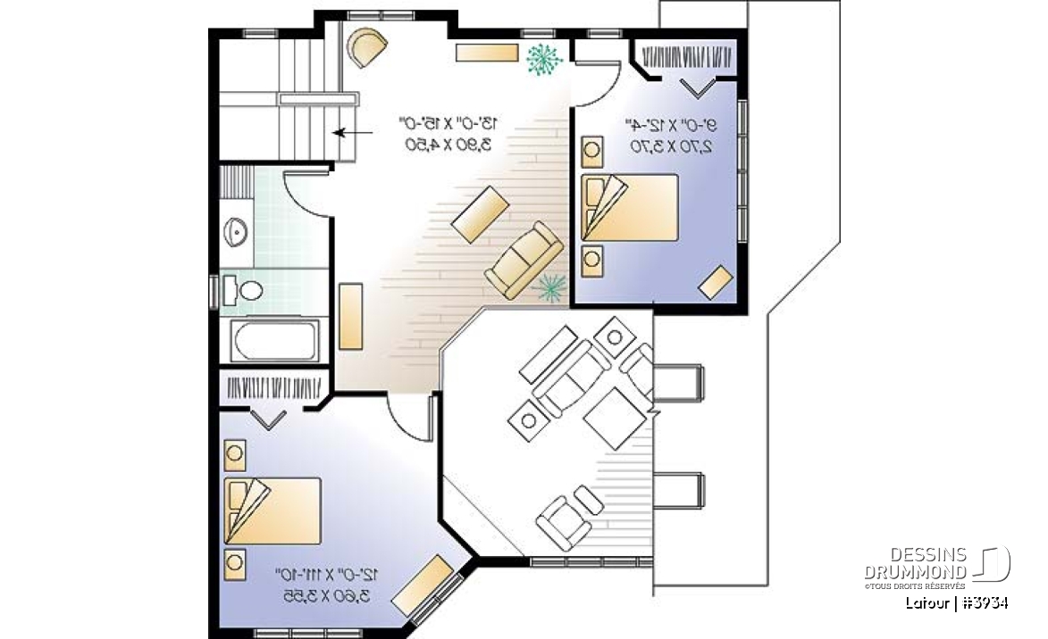 Étage - Plan de chalet bord de l'eau, 3 chambres, garage, grande terrasse, foyer, plancher aire ouverte - Latour
