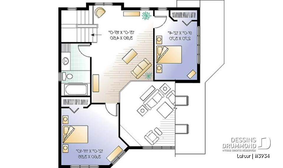 Étage - Plan de chalet bord de l'eau, 3 chambres, garage, grande terrasse, foyer, plancher aire ouverte - Latour